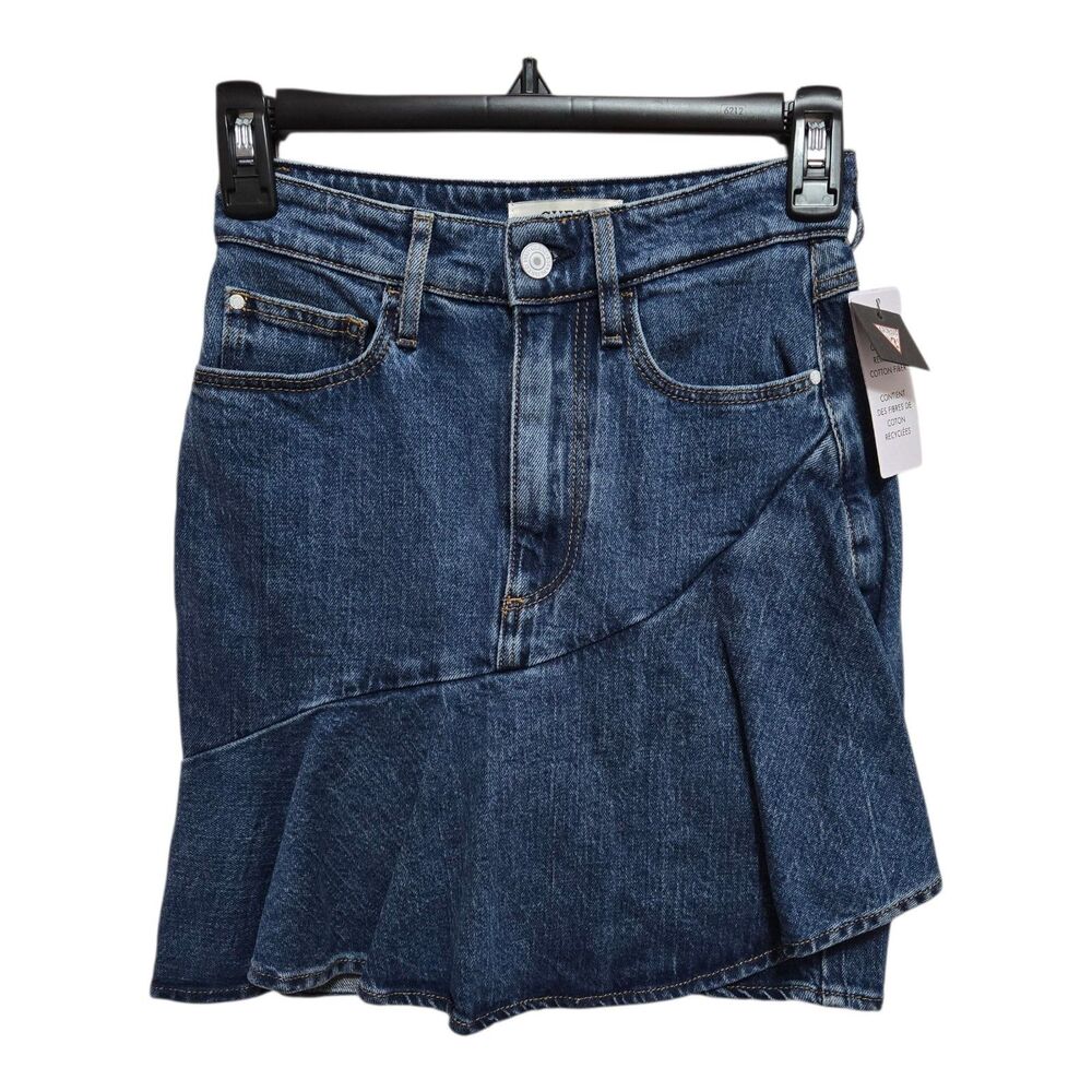 Guess Denim Ruffled Mini Skirt Size 24 Medium Wash Vintage Style NEW
